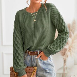 NWT CUPSHE Green Honeycomb Puff Sleeve Knit Sweater | Fall Chic Casual Top